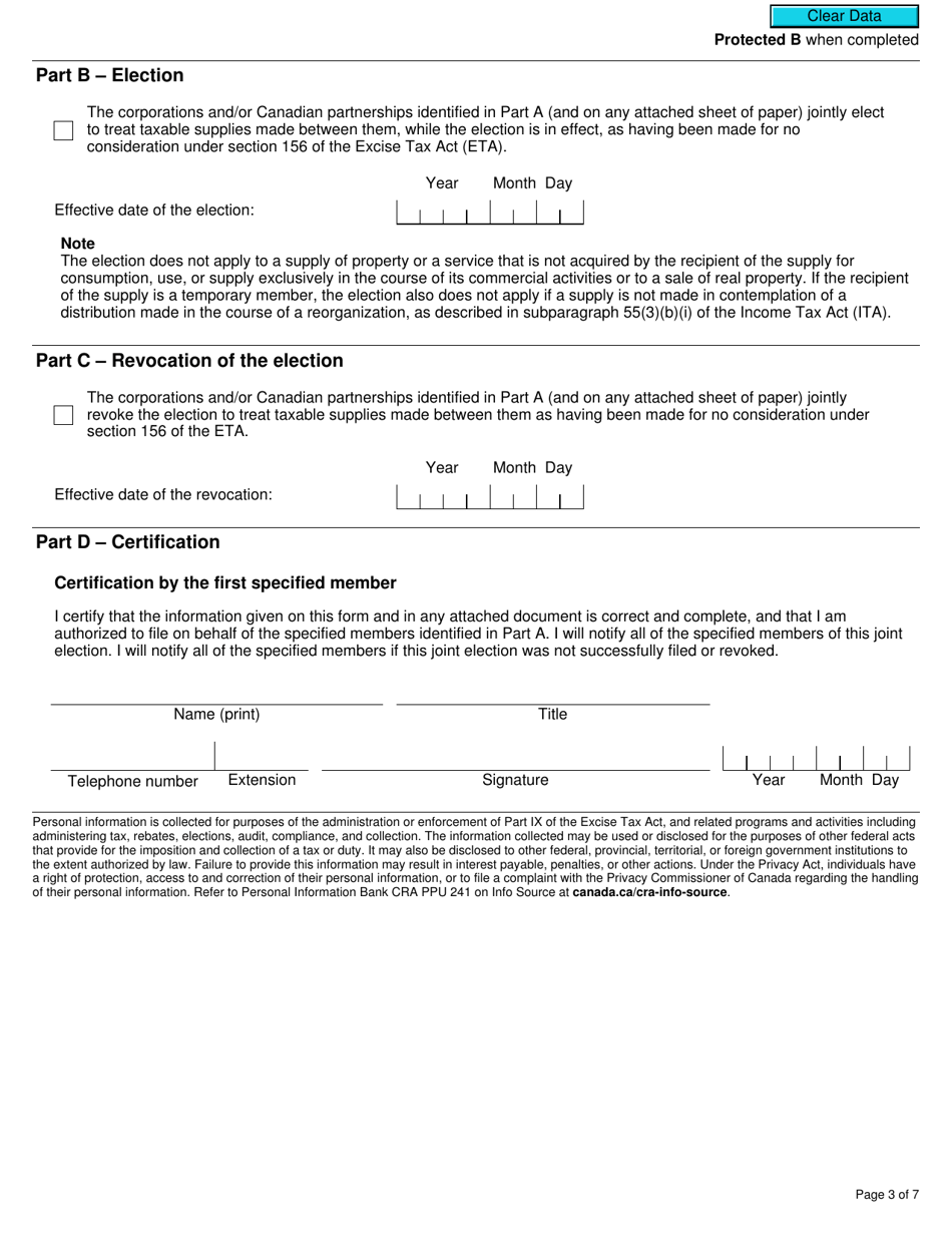 Form RC4616 Election or Revocation of an Election for Closely Related Corporations and / or Canadian Partnerships to Treat Certain Taxable Supplies as Having Been Made for Nil Consideration for Gst / Hst Purposes - Canada, Page 3