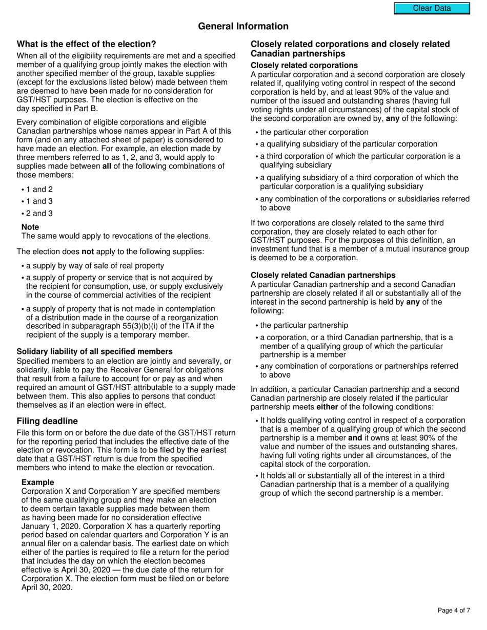 Form RC4616 Election or Revocation of an Election for Closely Related Corporations and / or Canadian Partnerships to Treat Certain Taxable Supplies as Having Been Made for Nil Consideration for Gst / Hst Purposes - Canada, Page 4