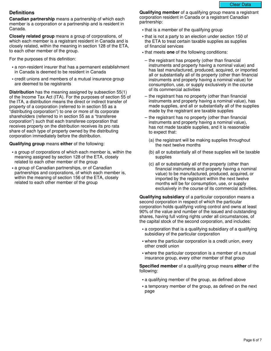 Form RC4616 Election or Revocation of an Election for Closely Related Corporations and / or Canadian Partnerships to Treat Certain Taxable Supplies as Having Been Made for Nil Consideration for Gst / Hst Purposes - Canada, Page 6
