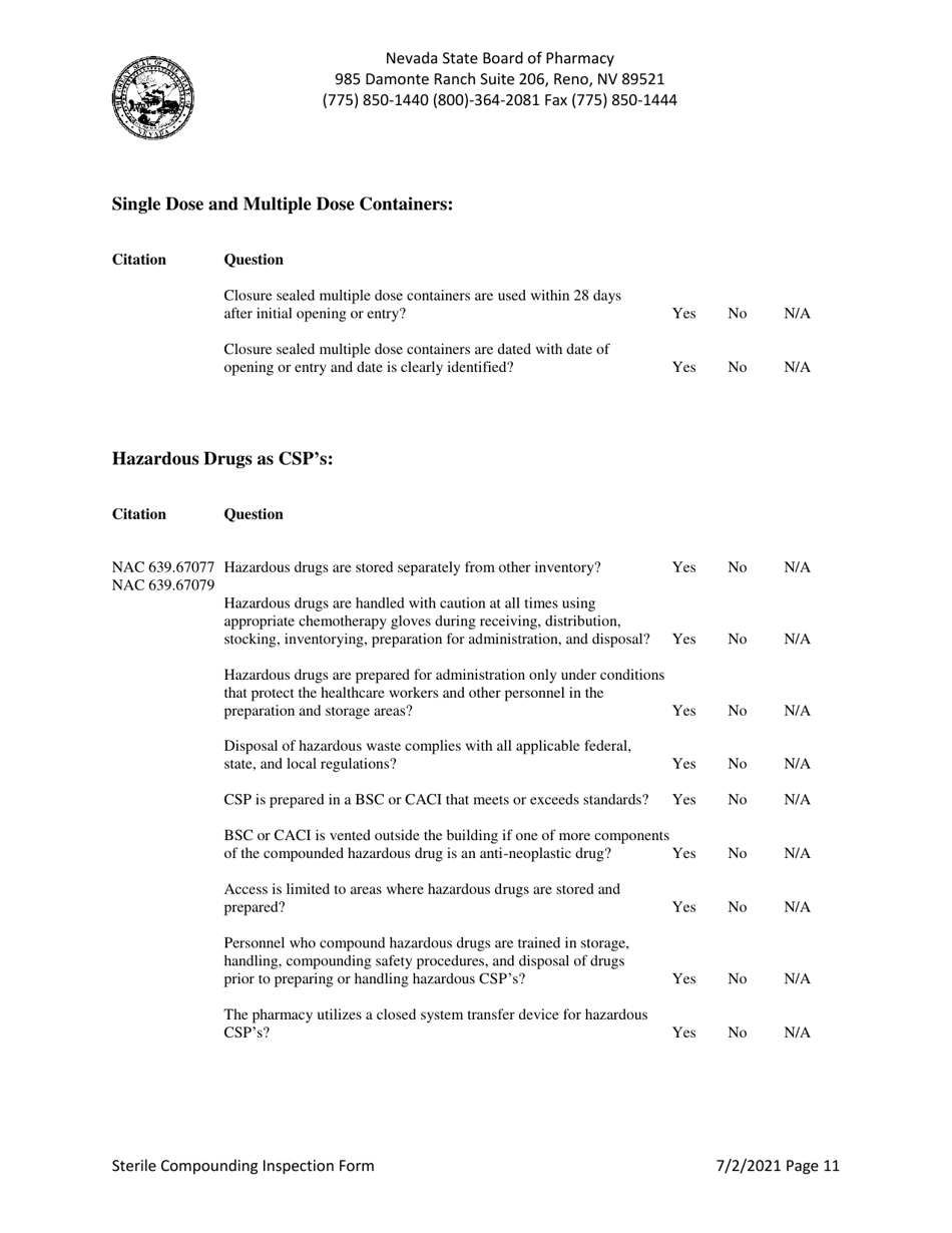 Sterile Compounding Inspection Form - Nevada, Page 11