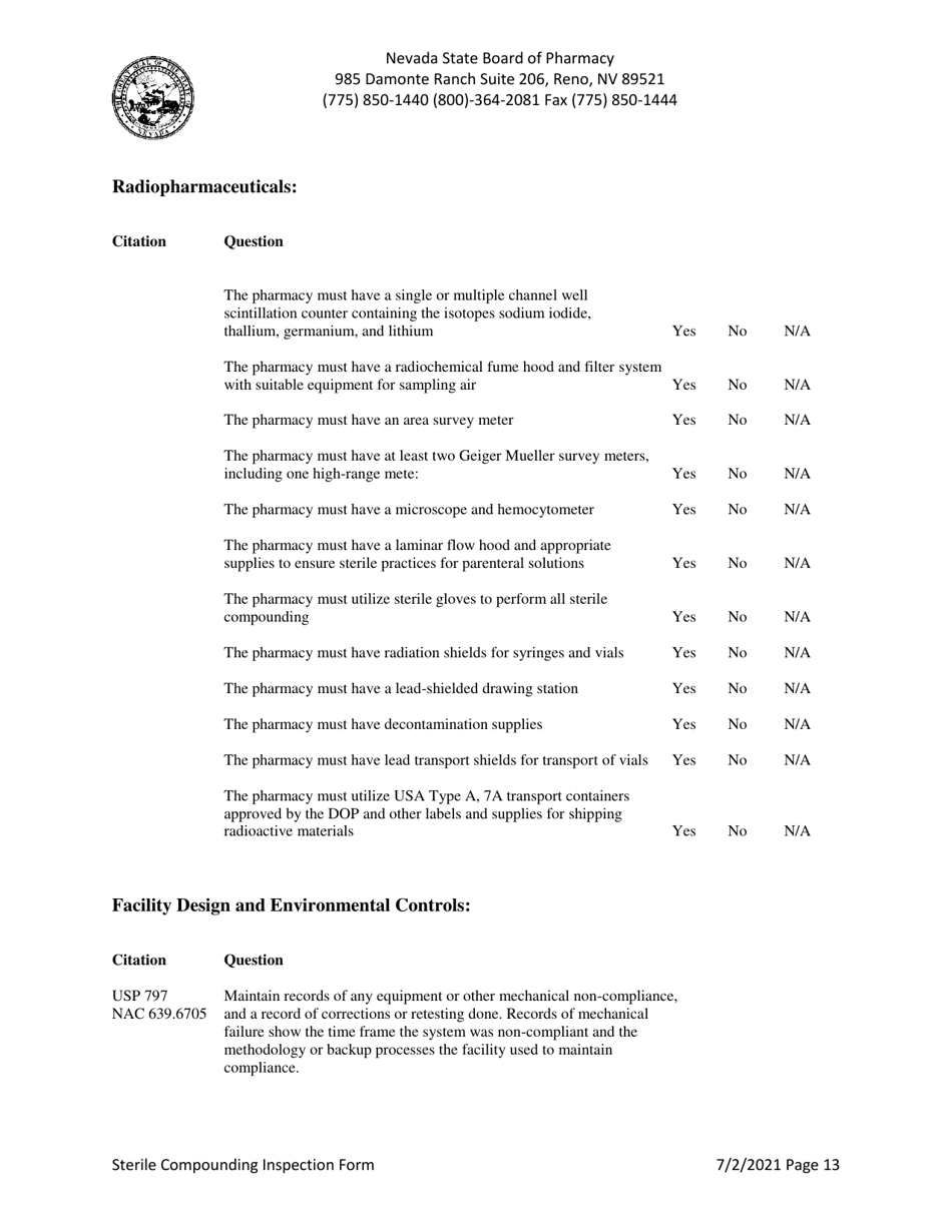 Sterile Compounding Inspection Form - Nevada, Page 13