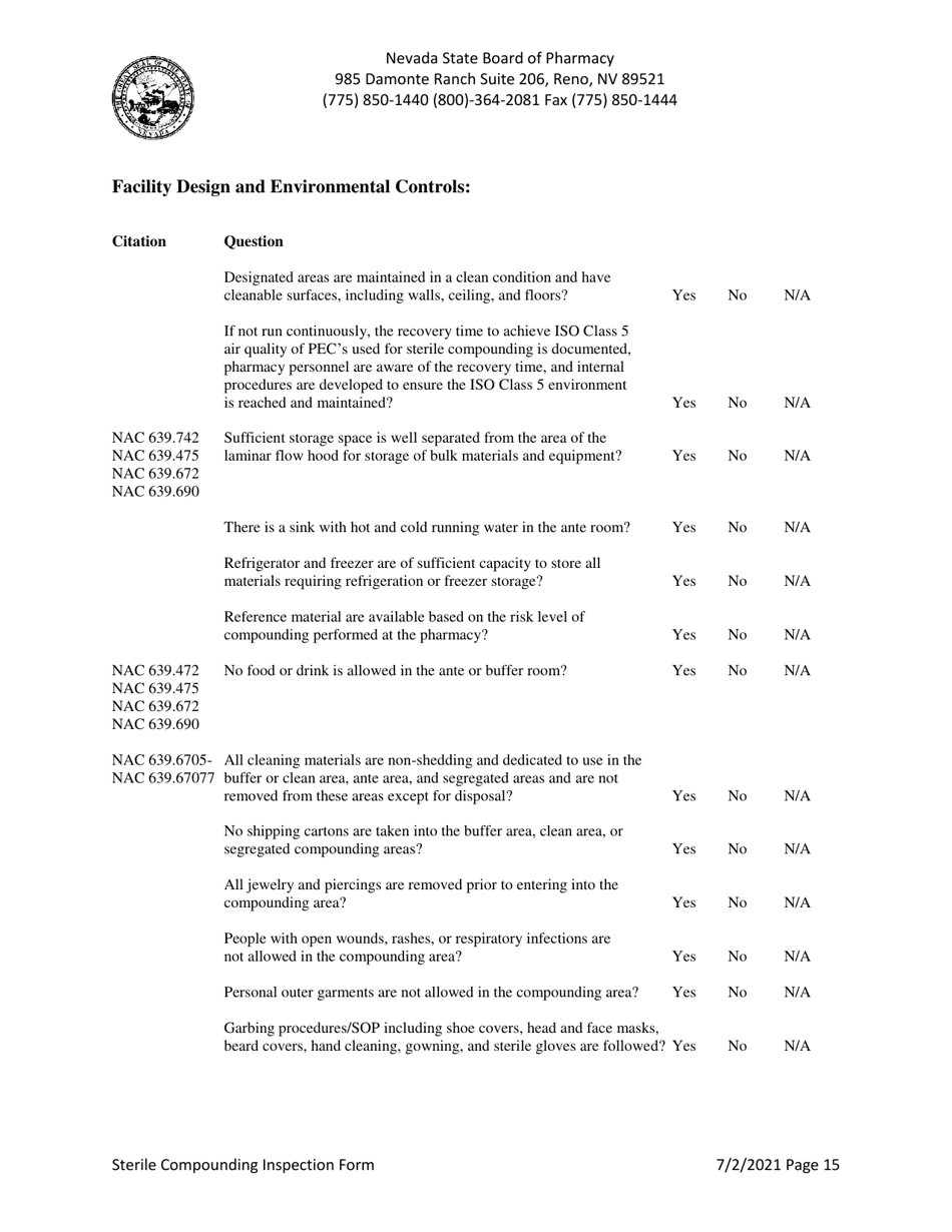 Sterile Compounding Inspection Form - Nevada, Page 15