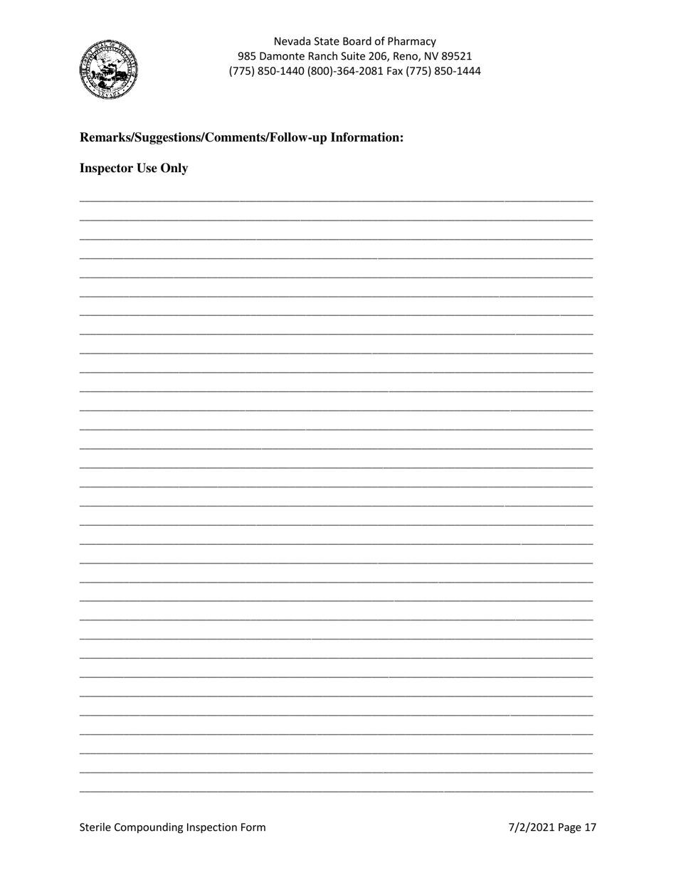 Sterile Compounding Inspection Form - Nevada, Page 17
