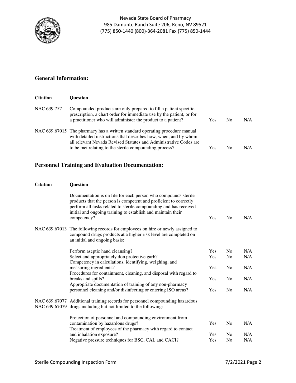 Sterile Compounding Inspection Form - Nevada, Page 2
