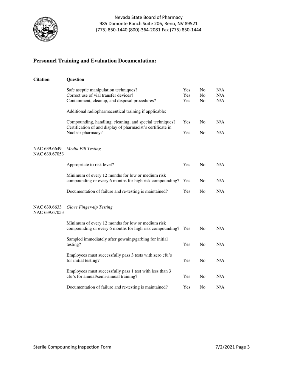 Sterile Compounding Inspection Form - Nevada, Page 3