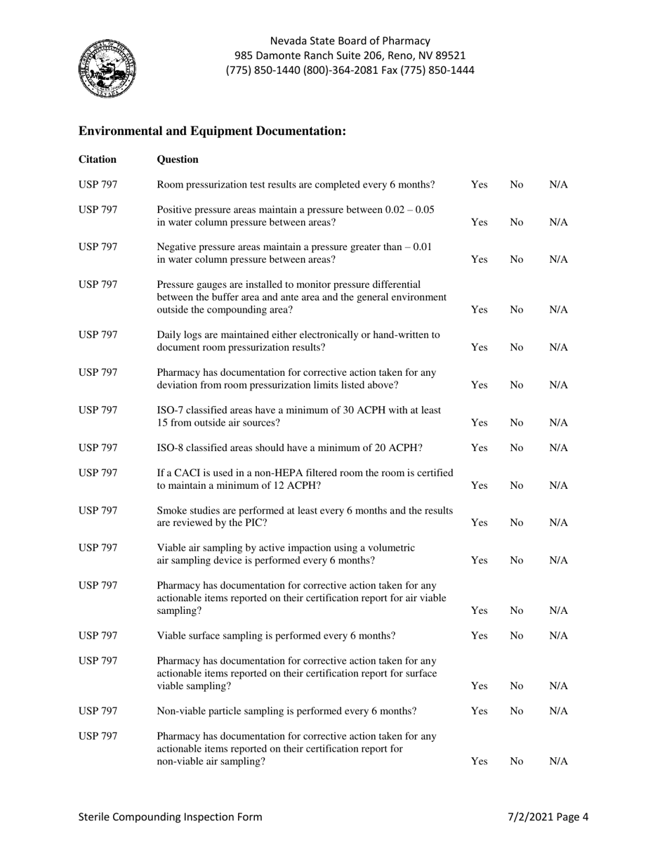 Sterile Compounding Inspection Form - Nevada, Page 4
