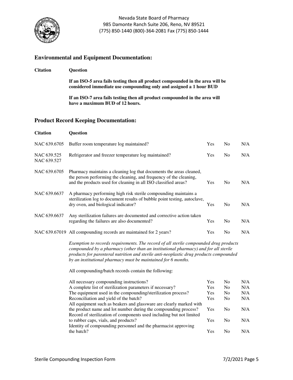 Sterile Compounding Inspection Form - Nevada, Page 5