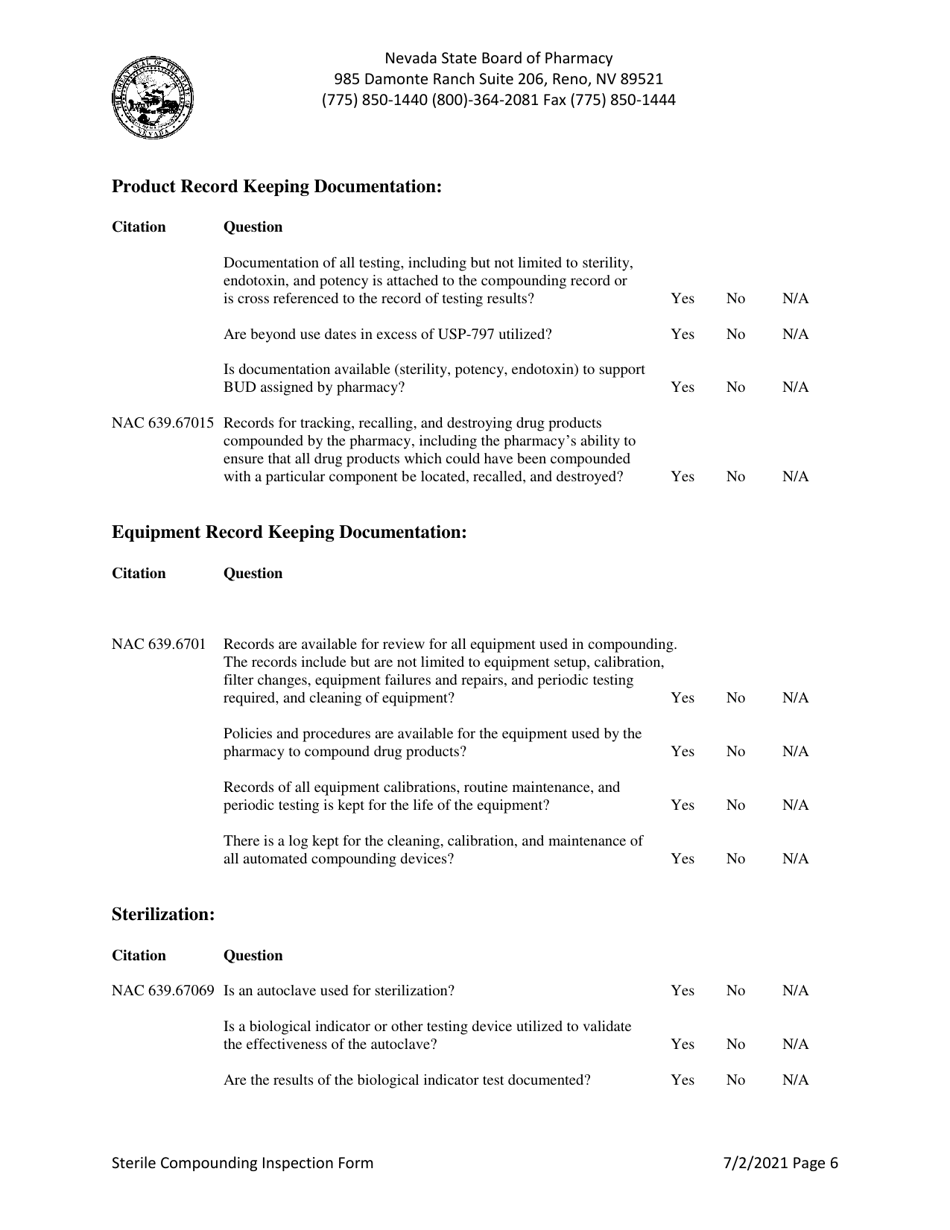 Sterile Compounding Inspection Form - Nevada, Page 6