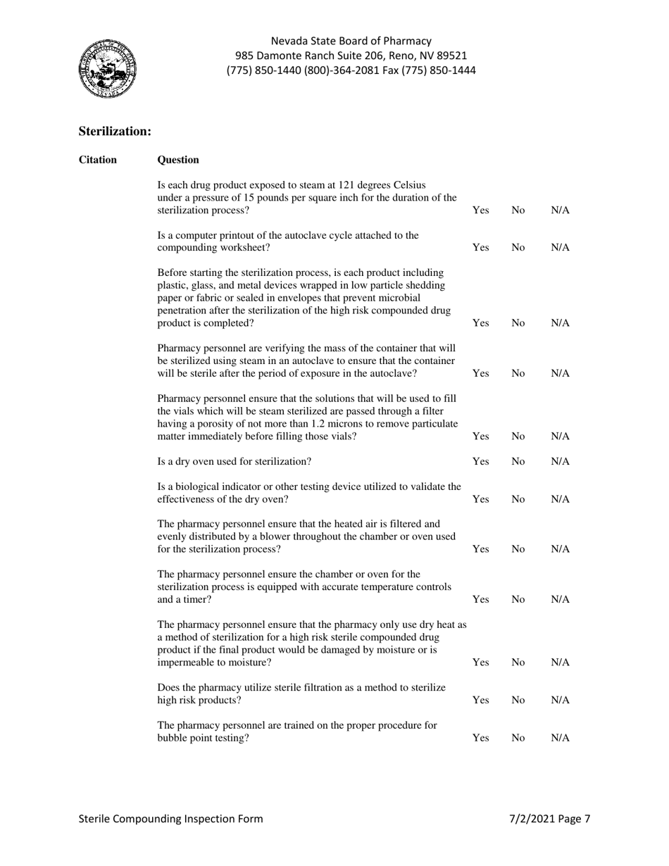Sterile Compounding Inspection Form - Nevada, Page 7