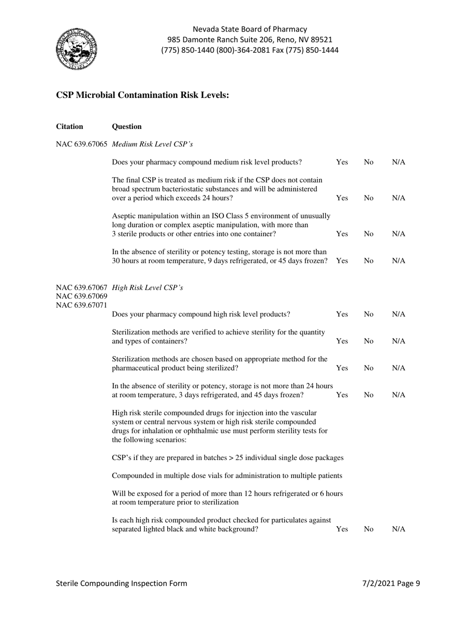 Sterile Compounding Inspection Form - Nevada, Page 9