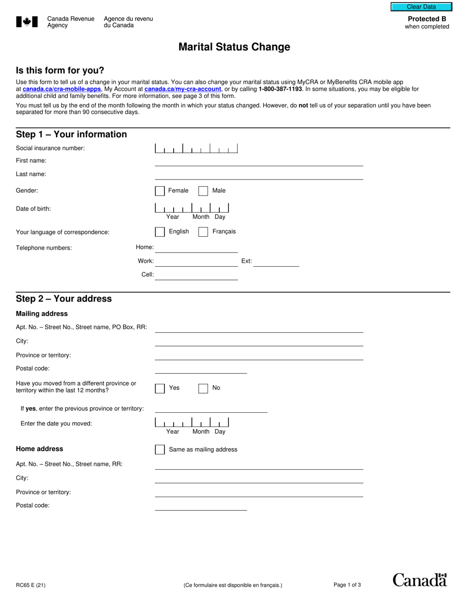 Form RC65 Marital Status Change - Canada, Page 1
