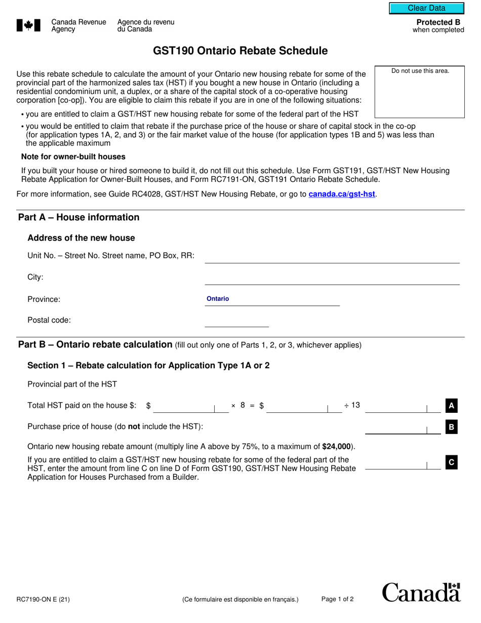 Form RC7190-ON Gst190 Ontario Rebate Schedule - Canada, Page 1