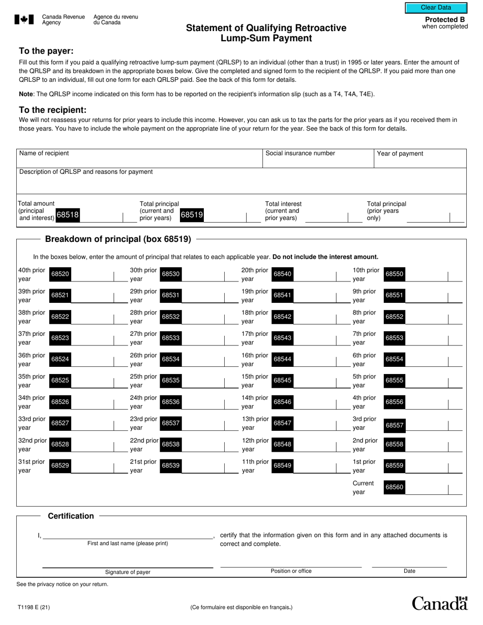 Form T1198 Statement of Qualifying Retroactive Lump-Sum Payment - Canada, Page 1
