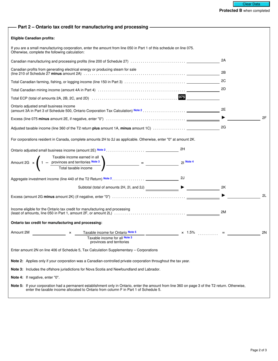 Form T2 Schedule 502 Ontario Tax Credit for Manufacturing and Processing (2020 and Later Tax Years) - Canada, Page 2