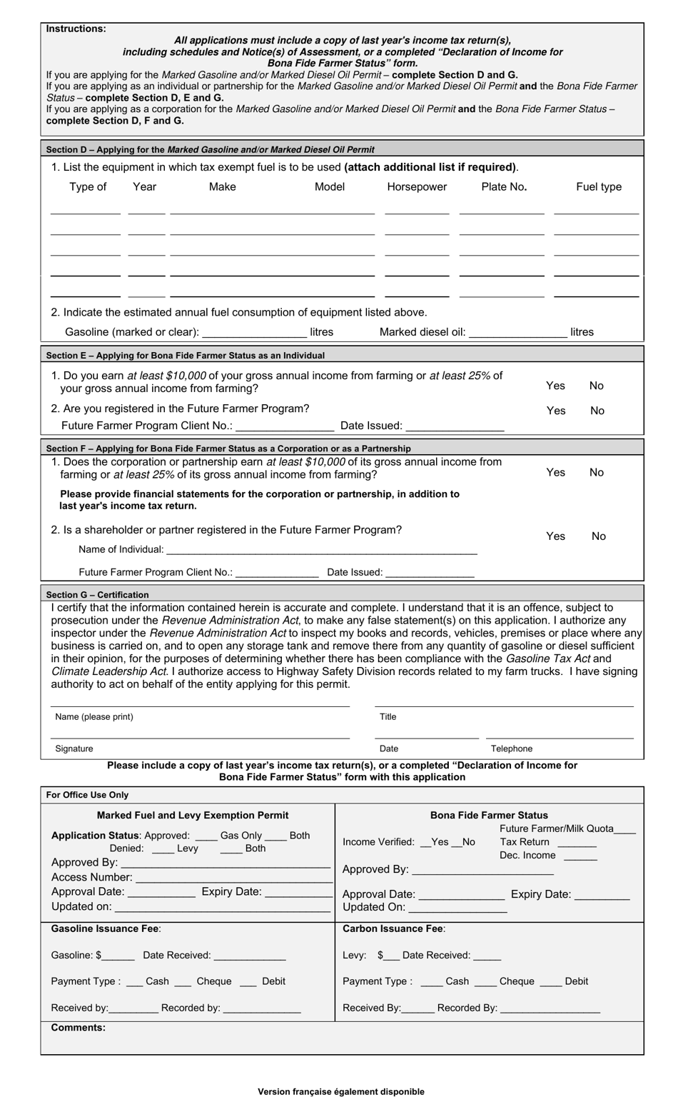 Application for Marked Gasoline and / or Marked Diesel Oil Permit and Levy Exemption Permit and Status as a Bona Fide Farmer - Prince Edward Island, Canada, Page 2