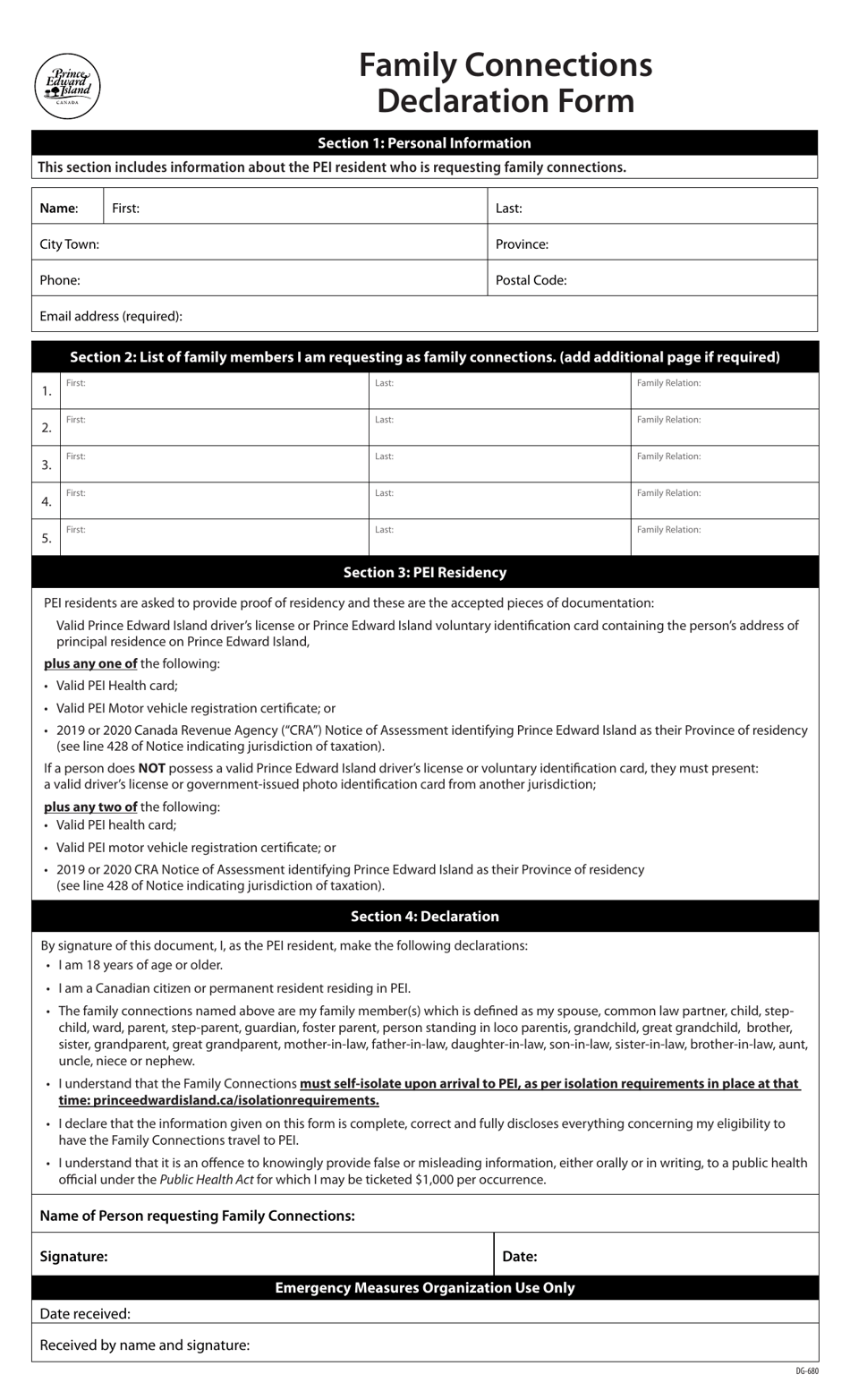 Form DG-680 Family Connections Declaration Form - Prince Edward Island, Canada, Page 1