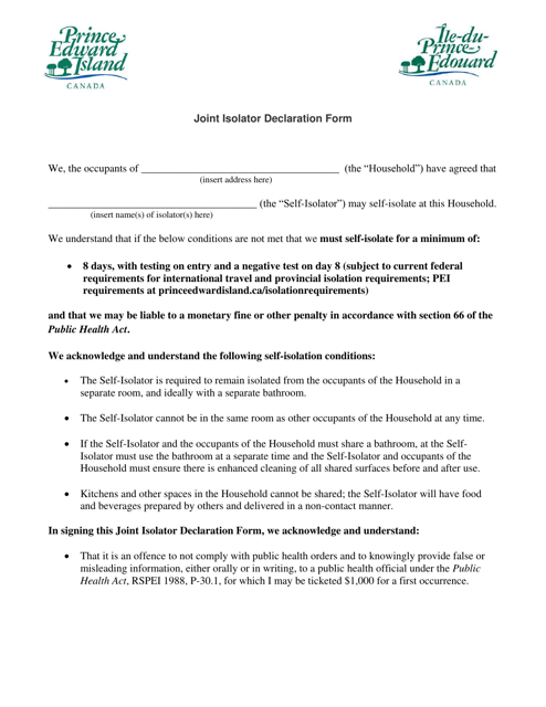 Joint Isolator Declaration Form - Prince Edward Island, Canada Download Pdf