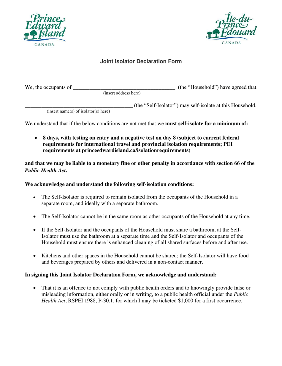 Joint Isolator Declaration Form - Prince Edward Island, Canada, Page 1
