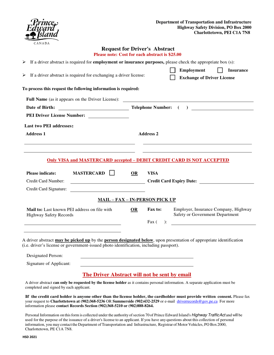 Request for Drivers Abstract - Prince Edward Island, Canada, Page 1