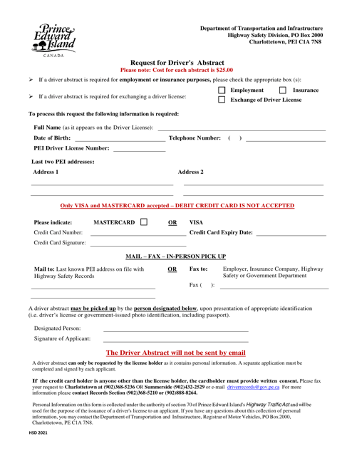 Request for Driver's Abstract - Prince Edward Island, Canada Download Pdf