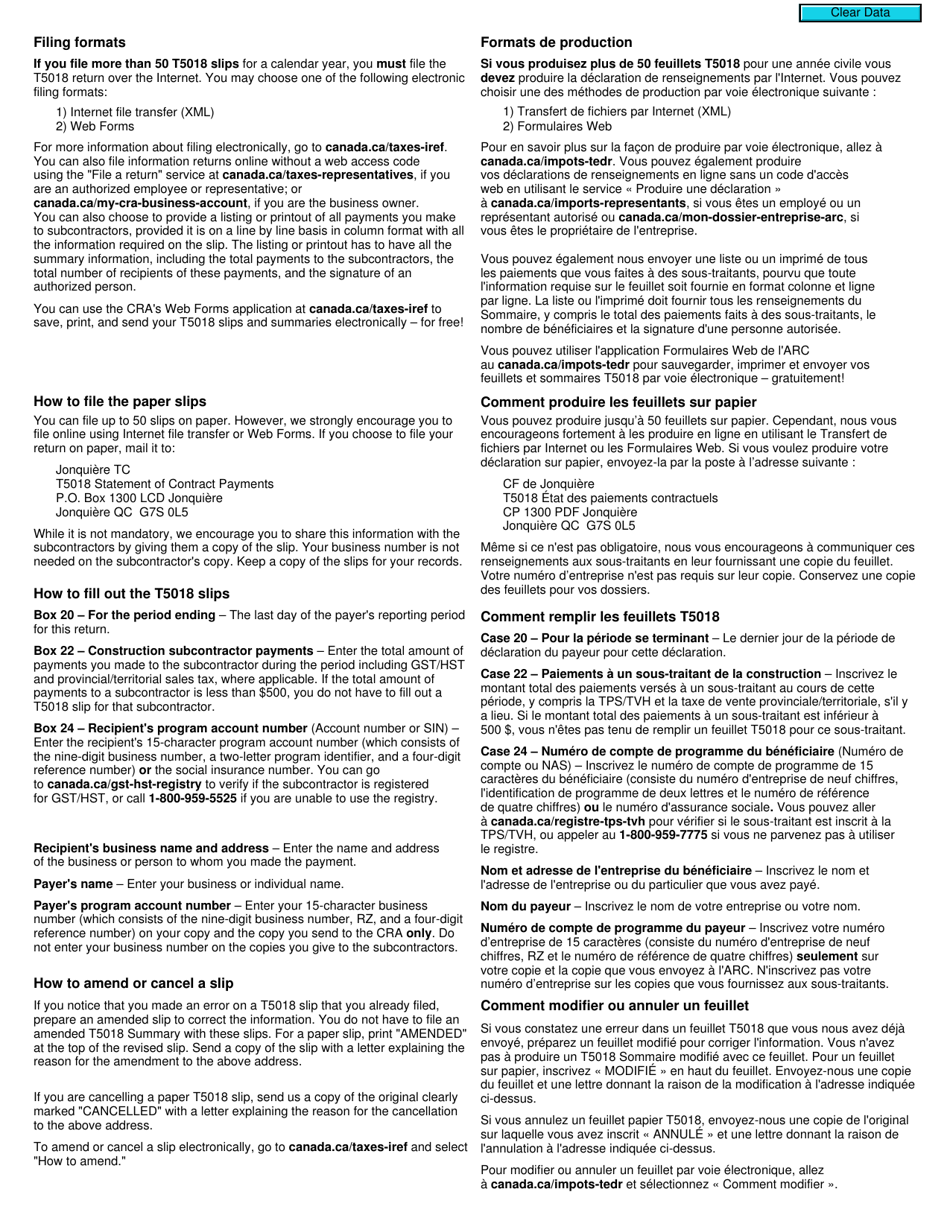 Form T5018 SUM Summary of Contract Payments - Canada (English / French), Page 2