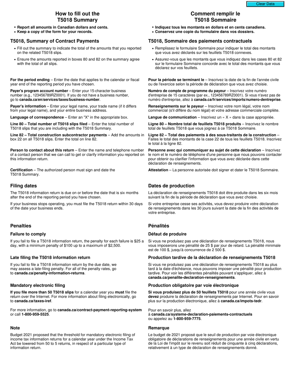 Form T5018 SUM Summary of Contract Payments - Canada (English / French), Page 4