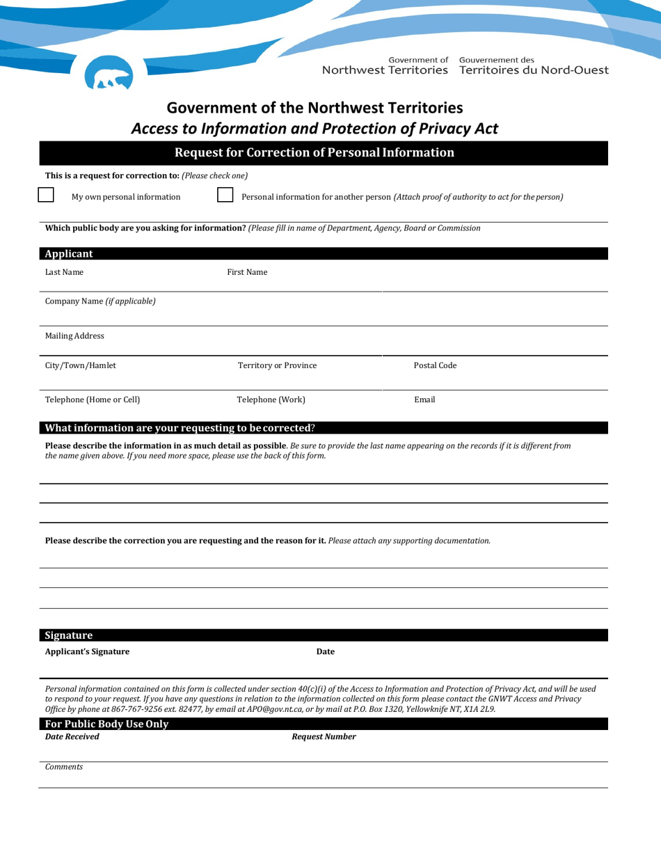 Request for Correction of Personal Information - Northwest Territories, Canada, Page 1