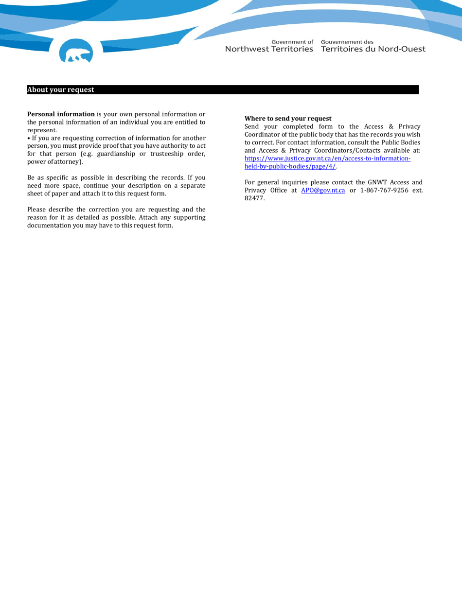 Request for Correction of Personal Information - Northwest Territories, Canada, Page 2