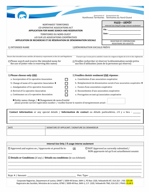 Co-operative Associations Application for Name Search and Reservation - Northwest Territories, Canada (English / French) Download Pdf