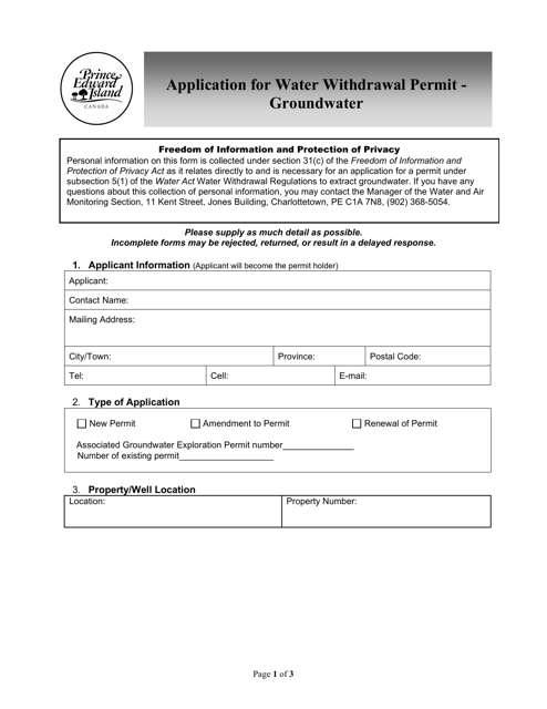&quot;Application for Water Withdrawal Permit - Groundwater&quot; - Prince Edward Island, Canada Download Pdf