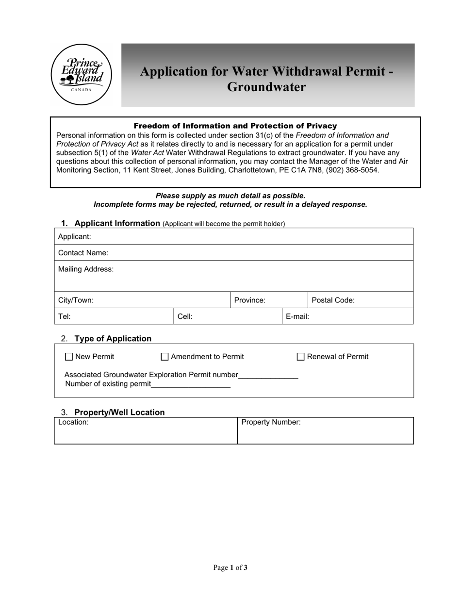 Application for Water Withdrawal Permit - Groundwater - Prince Edward Island, Canada, Page 1