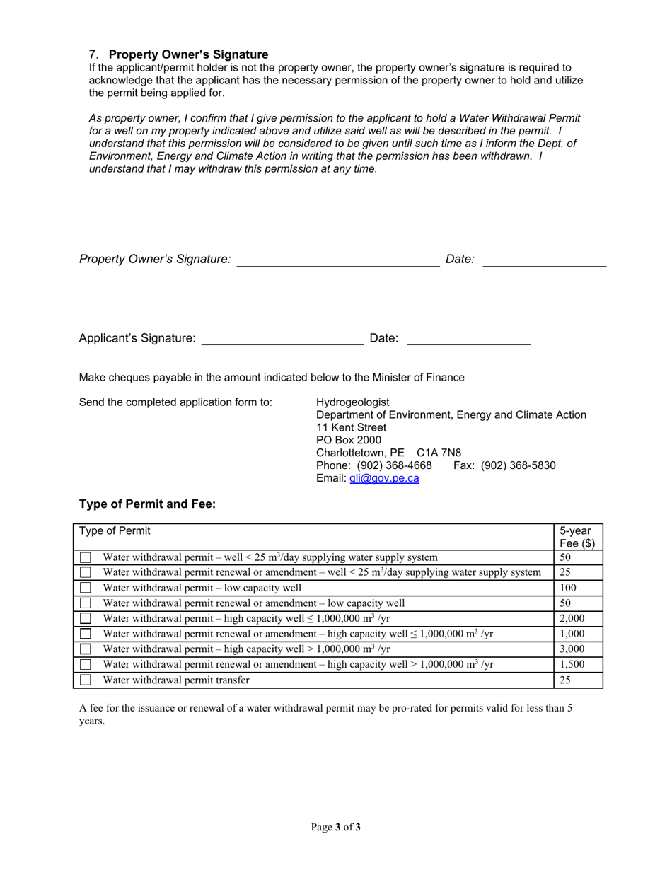 Application for Water Withdrawal Permit - Groundwater - Prince Edward Island, Canada, Page 3