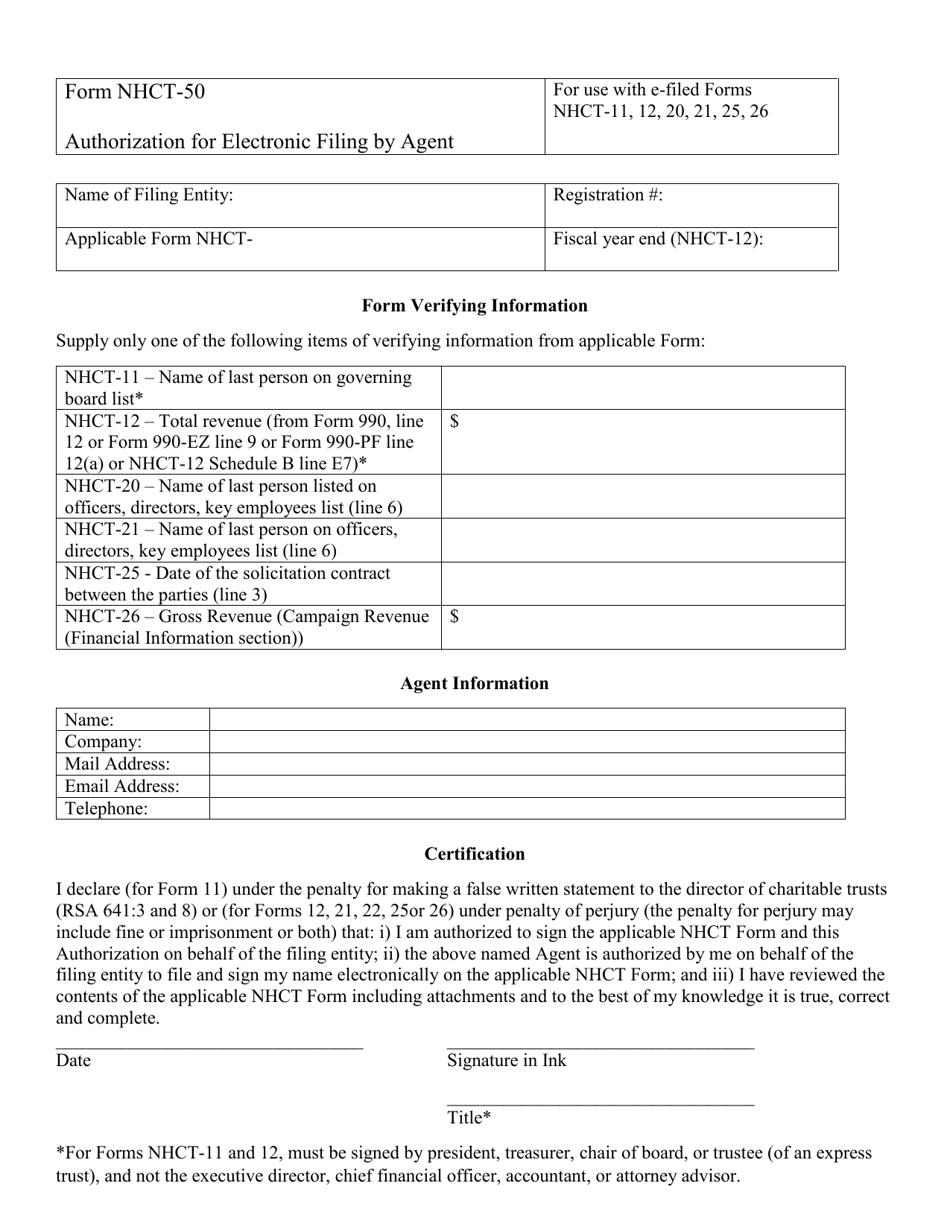 Form NHCT-50 Authorization for Electronic Filing by Agent - New Hampshire, Page 1