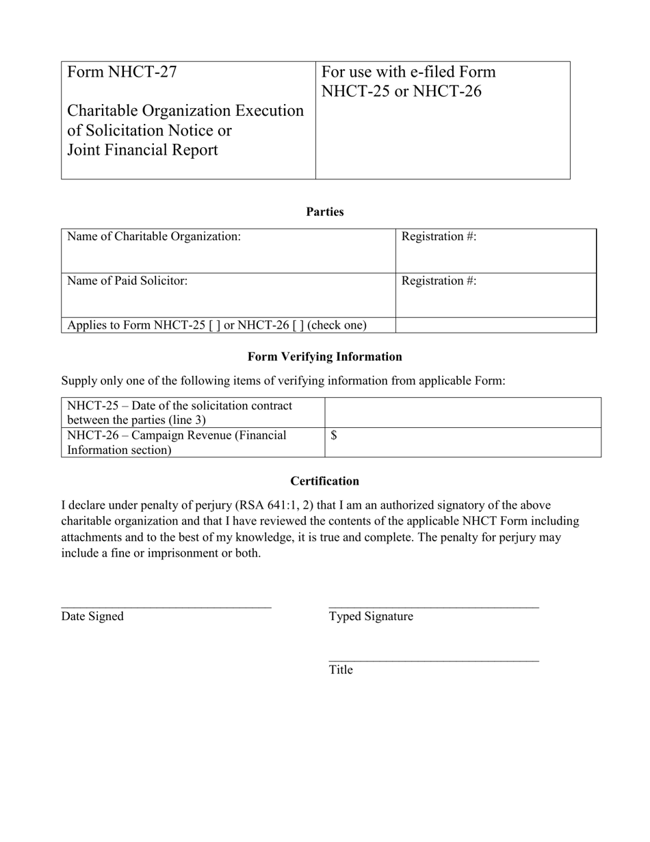 Form NHCT-27 Charitable Organization Execution of Solicitation Notice or Joint Financial Report - New Hampshire, Page 1
