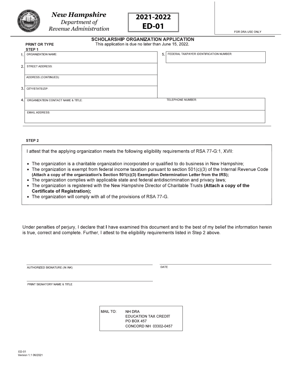 Form ED-01 Scholarship Organization Application - New Hampshire, Page 1