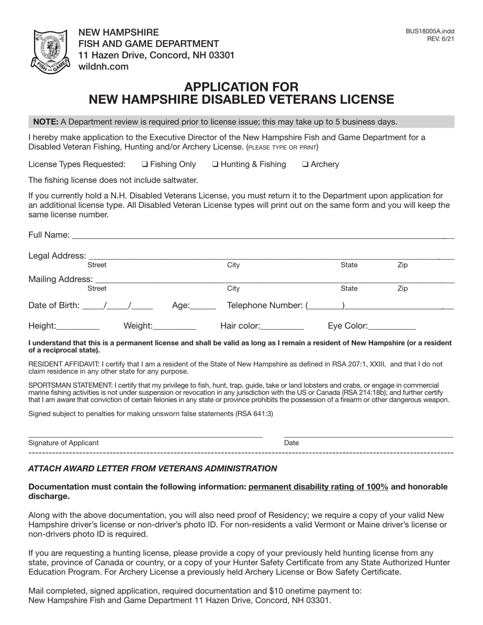 Form BUS18005A Application for New Hampshire Disabled Veterans License - New Hampshire, Page 3