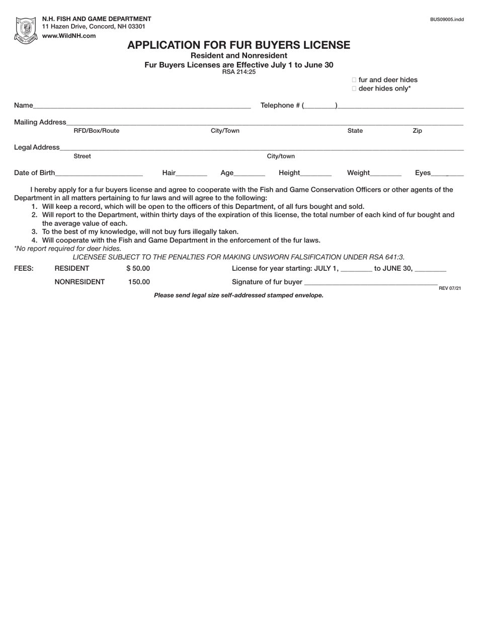 Form BUS09005 Application for Fur Buyers License - New Hampshire, Page 1