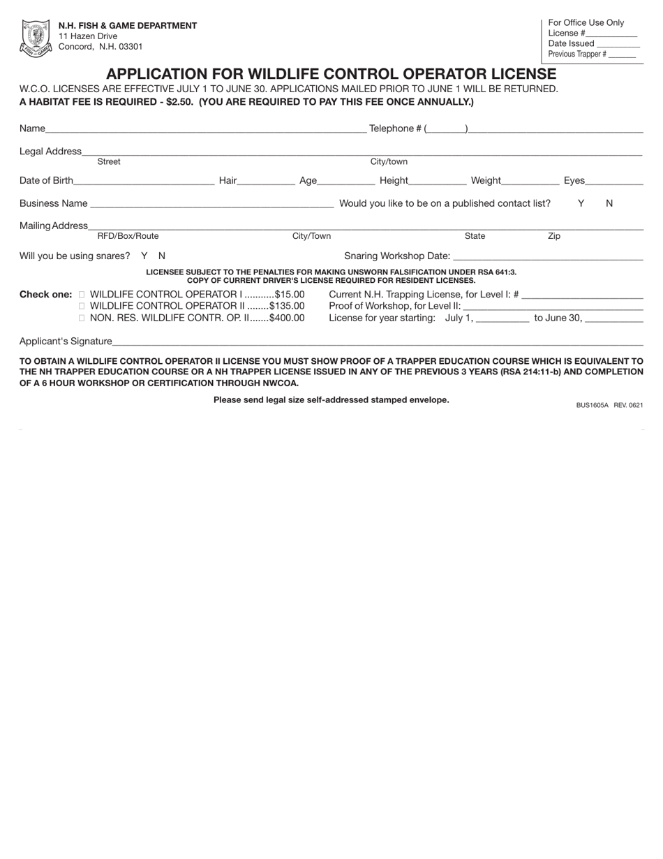 Form BUS1605A Application for Wildlife Control Operator License - New Hampshire, Page 2