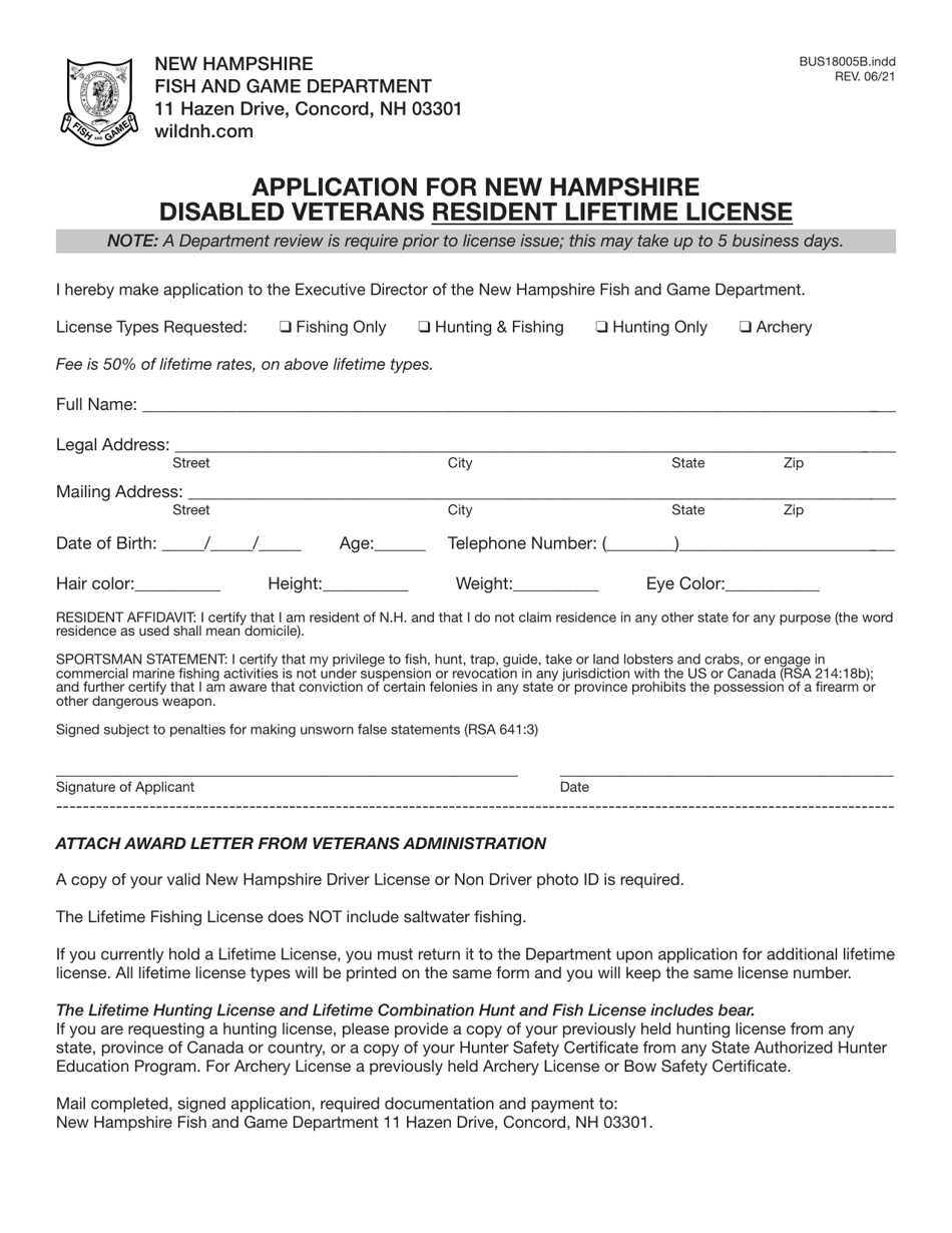 Form BUS18005B Application for New Hampshire Disabled Veterans Resident Lifetime License - New Hampshire, Page 3