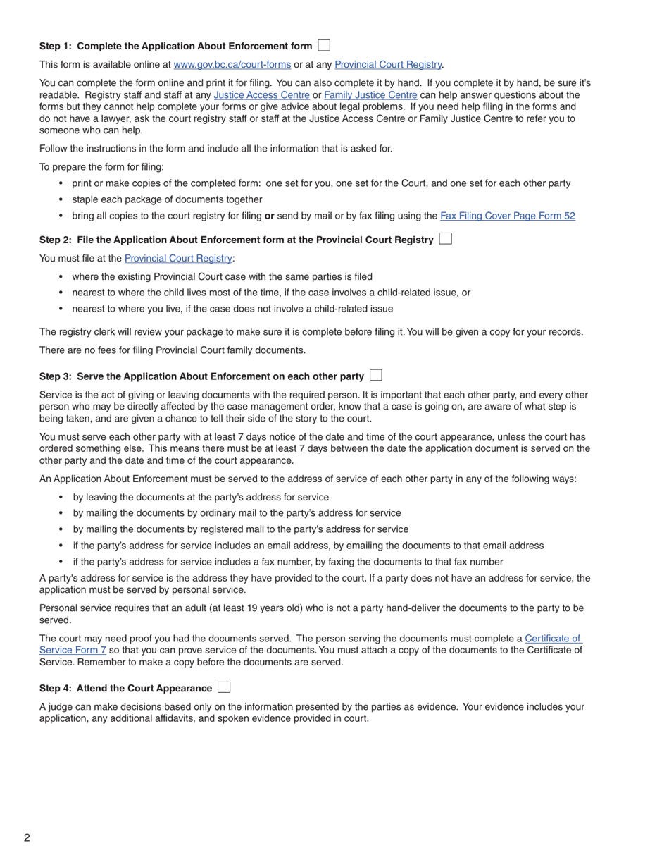 Form 29 (PFA725) Application About Enforcement - British Columbia, Canada, Page 2