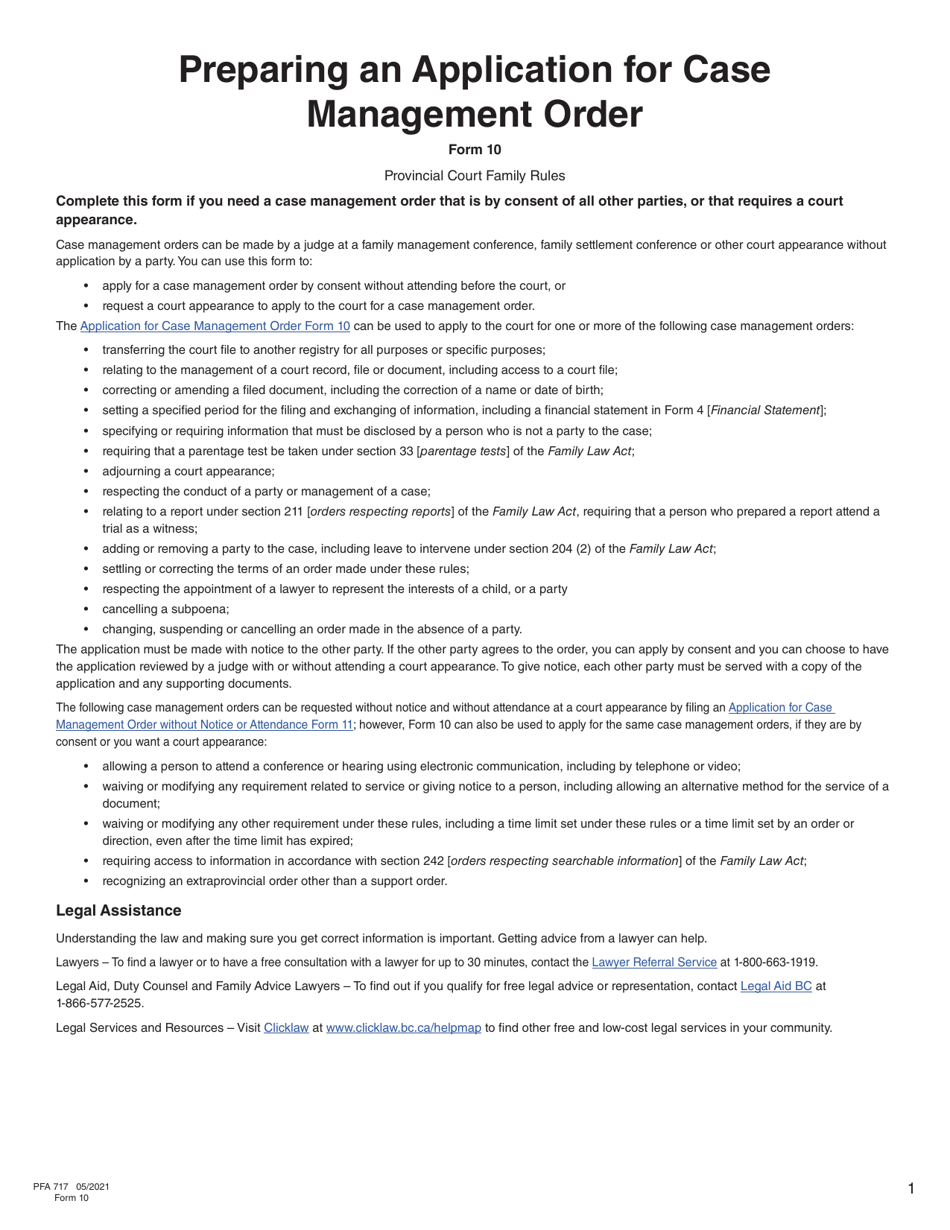 Form 10 (PFA717) Application for Case Management Order - British Columbia, Canada, Page 1