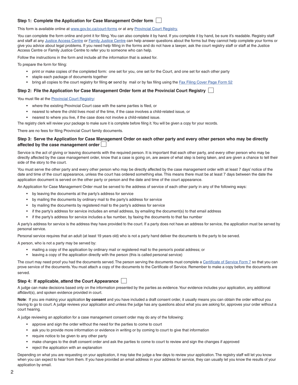Form 10 (PFA717) Application for Case Management Order - British Columbia, Canada, Page 2