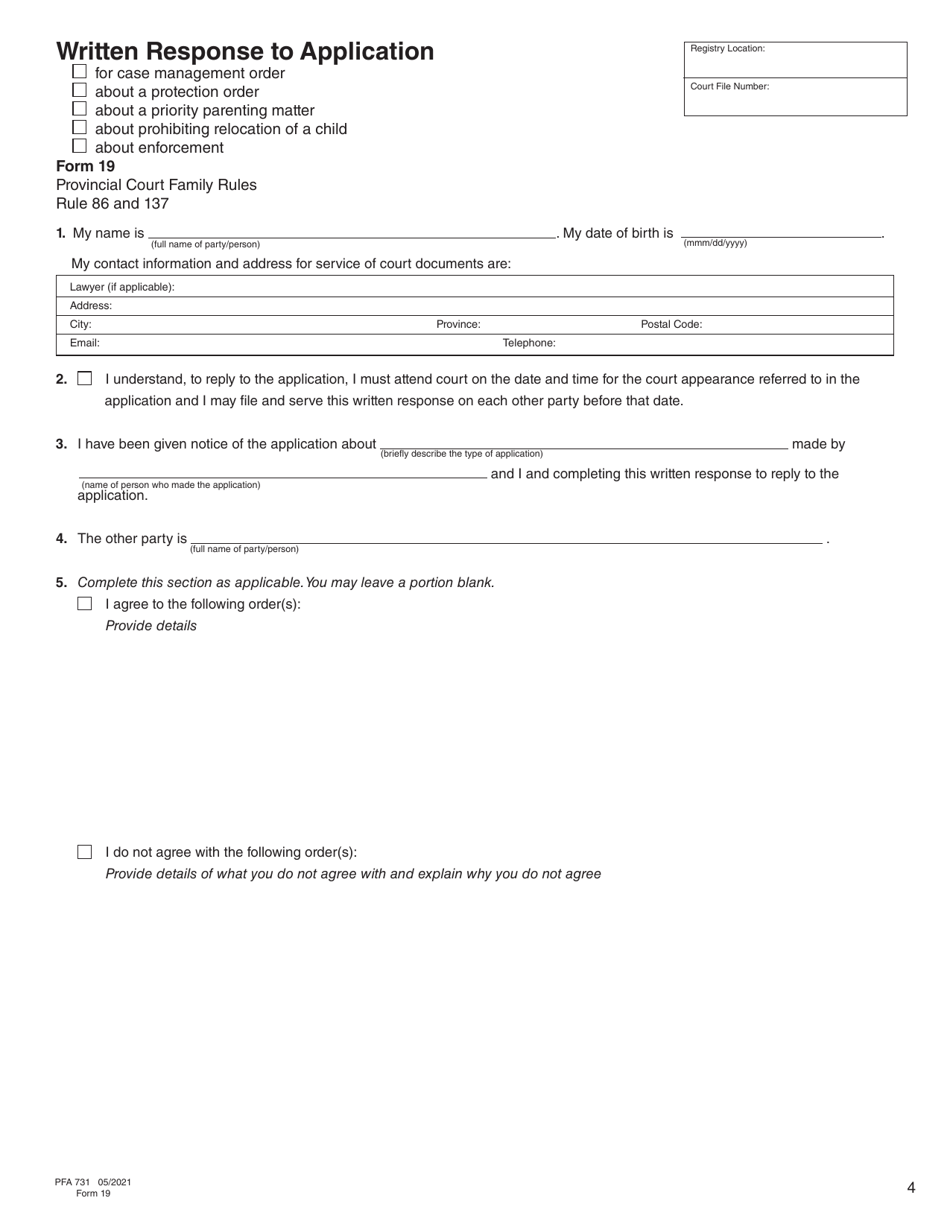 Form 19 (PFA731) Written Response to Application - British Columbia, Canada, Page 4