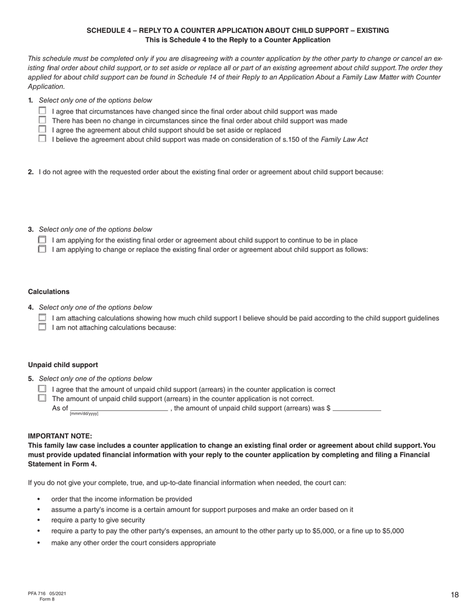 Form 8 (PFA716) Reply to a Counter Application - British Columbia, Canada, Page 18