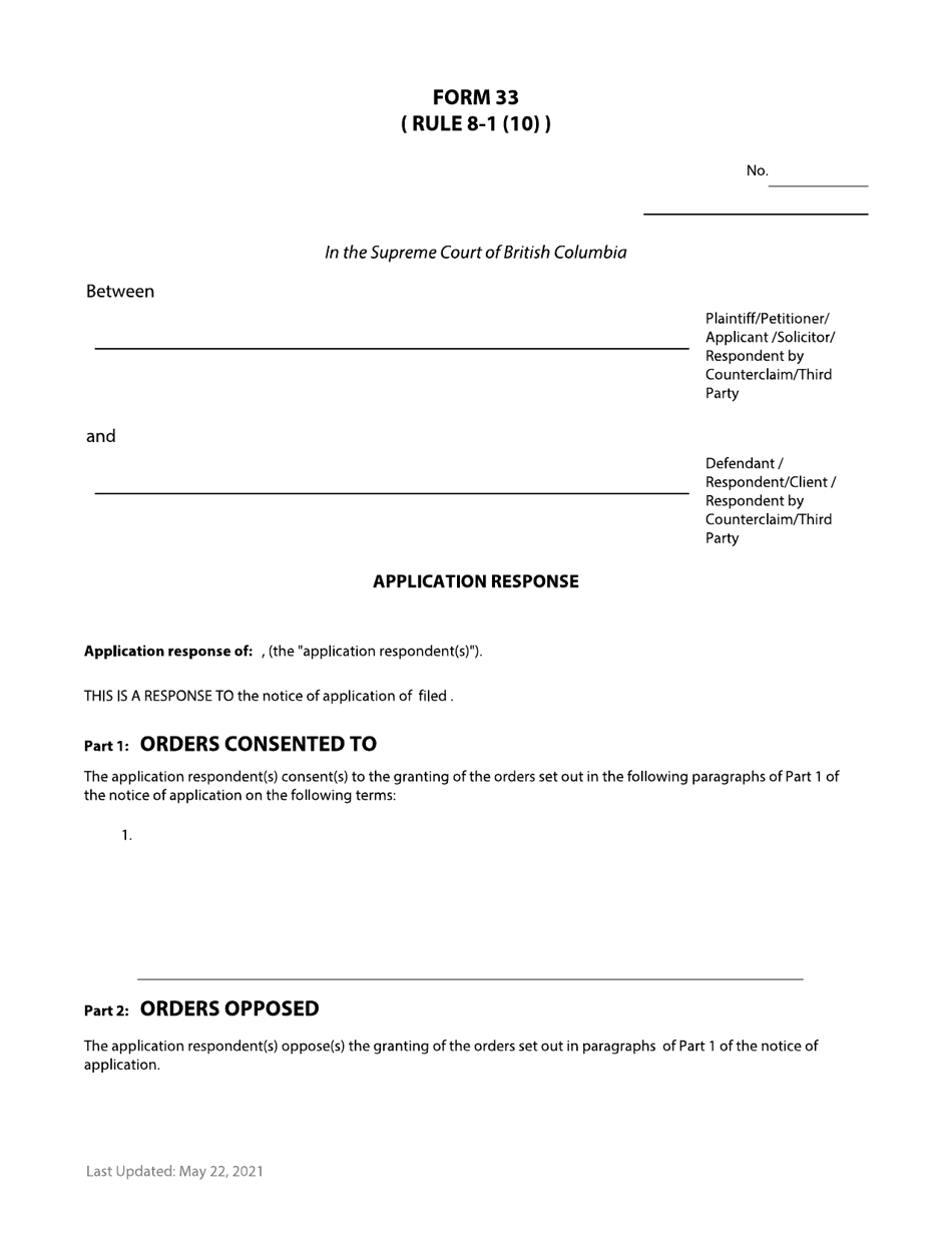 Form 33 Application Response - British Columbia, Canada, Page 1