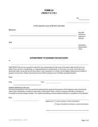 Document preview: Form 23 Appointment to Examine for Discovery - British Columbia, Canada