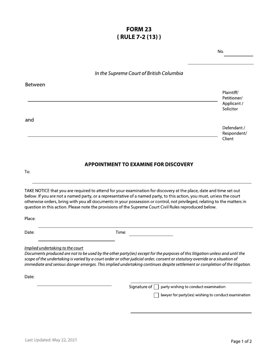 Form 23 Appointment to Examine for Discovery - British Columbia, Canada, Page 1