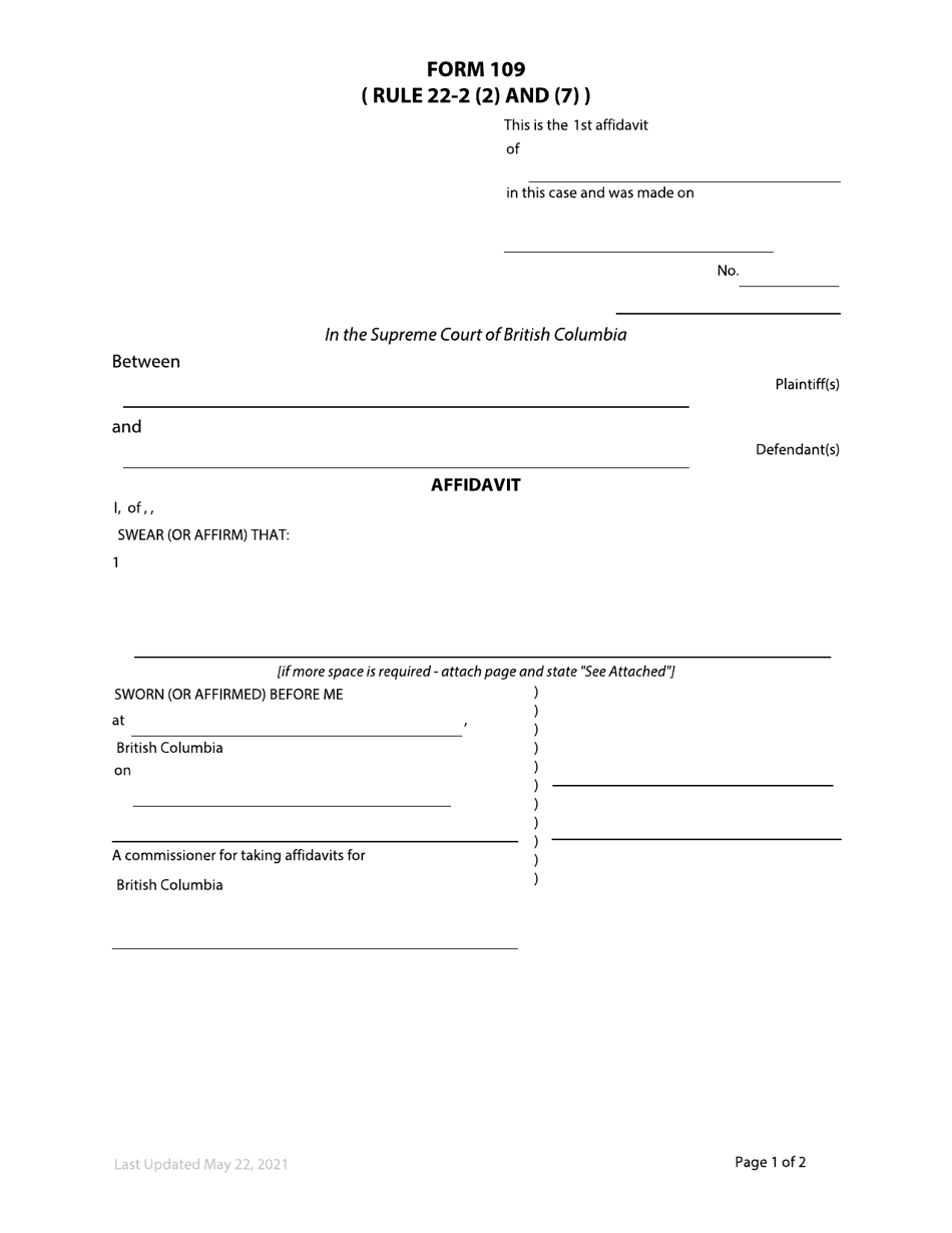 Form 109 Affidavit - British Columbia, Canada, Page 1