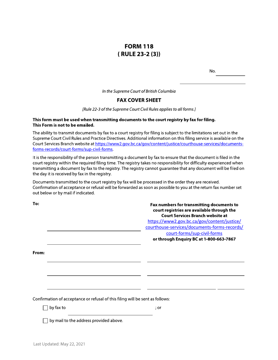 Form 118 Fax Cover Sheet - British Columbia, Canada, Page 1
