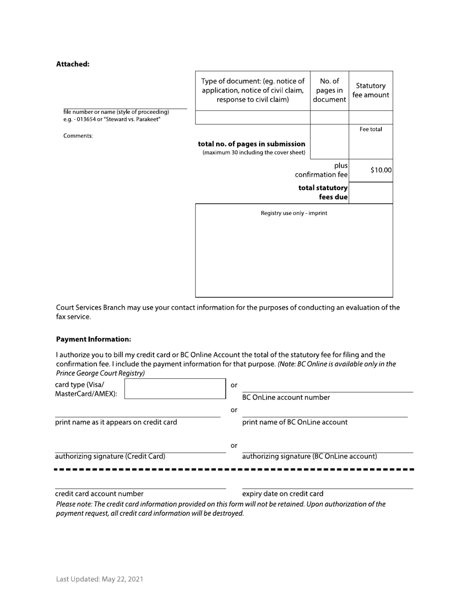 Form 118 Fax Cover Sheet - British Columbia, Canada, Page 2